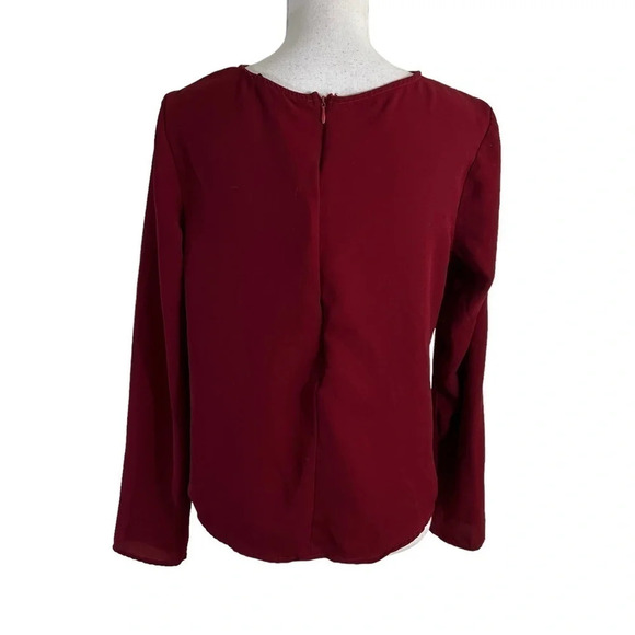 Aqua Dark Red Blouse Size Medium Semi Sheer Knotted Hem Tie Chiffon Long Sleeves - Picture 3 of 7